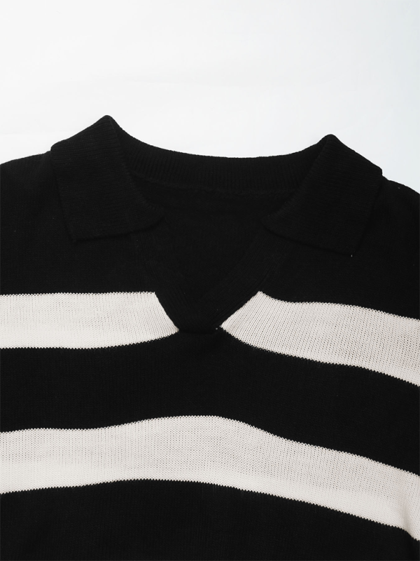 Sweaters- Women Horizontal Stripe V-Neck Sweater for Morning Coffee- - IndioGear.com