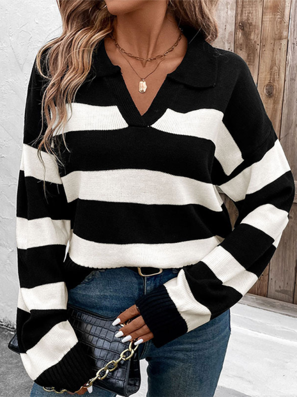 Sweaters- Women Horizontal Stripe V-Neck Sweater for Morning Coffee- - IndioGear.com