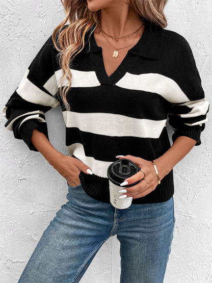 Sweaters- Women Horizontal Stripe V-Neck Sweater for Morning Coffee- Black- IndioGear.com