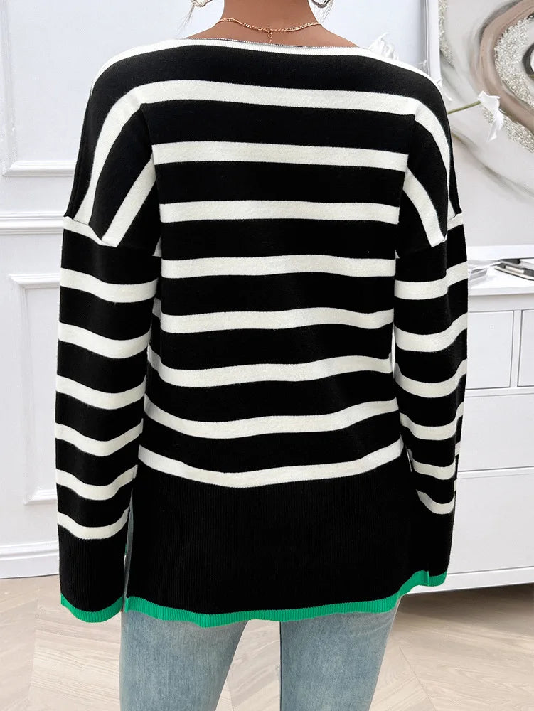 Sweaters- Women Horizontal Striped Sweater for Autumn- - Chuzko Women Clothing