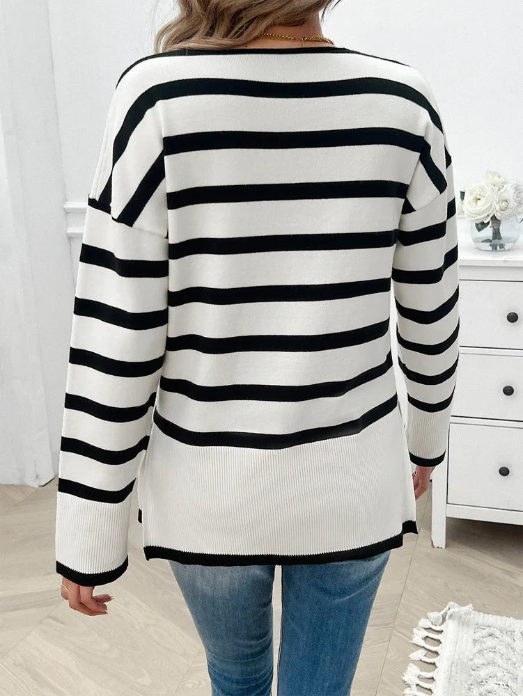 Sweaters- Women Horizontal Striped Sweater for Autumn- - Chuzko Women Clothing