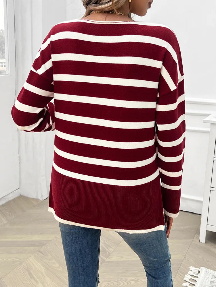 Sweaters- Women Horizontal Striped Sweater for Autumn- - Chuzko Women Clothing