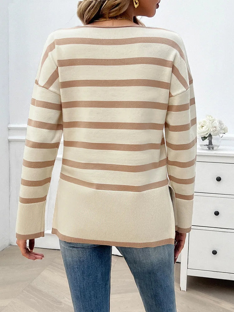 Sweaters- Women Horizontal Striped Sweater for Autumn- - Chuzko Women Clothing