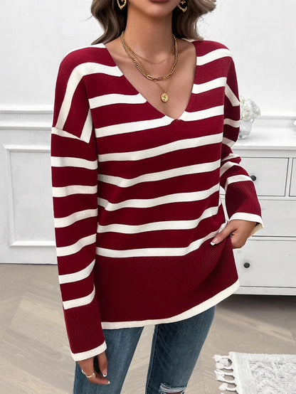 Sweaters- Women Horizontal Striped Sweater for Autumn- - Chuzko Women Clothing