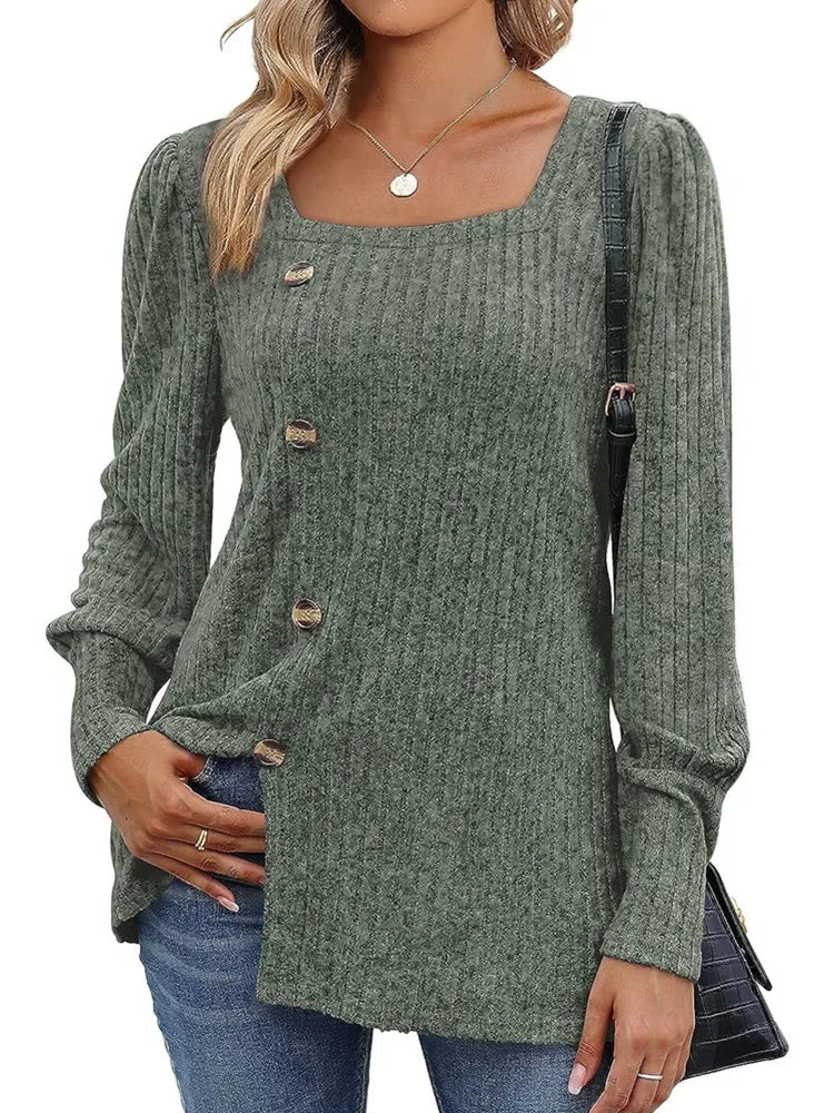 Sweaters- Women Long Sleeve Sweater Top with Button Detail- - IndioGear.com