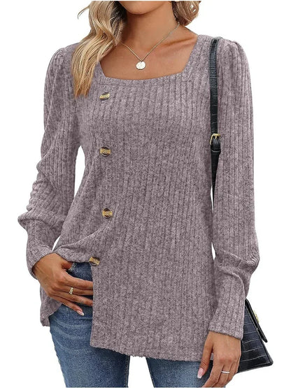 Sweaters- Women Long Sleeve Sweater Top with Button Detail- - IndioGear.com