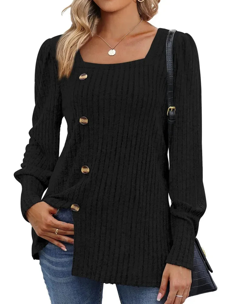 Sweaters- Women Long Sleeve Sweater Top with Button Detail- Black- IndioGear.com