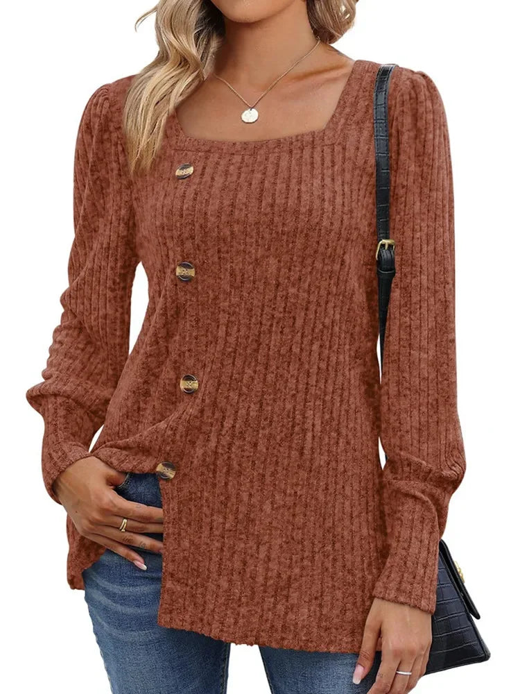 Sweaters- Women Long Sleeve Sweater Top with Button Detail- Rust- IndioGear.com