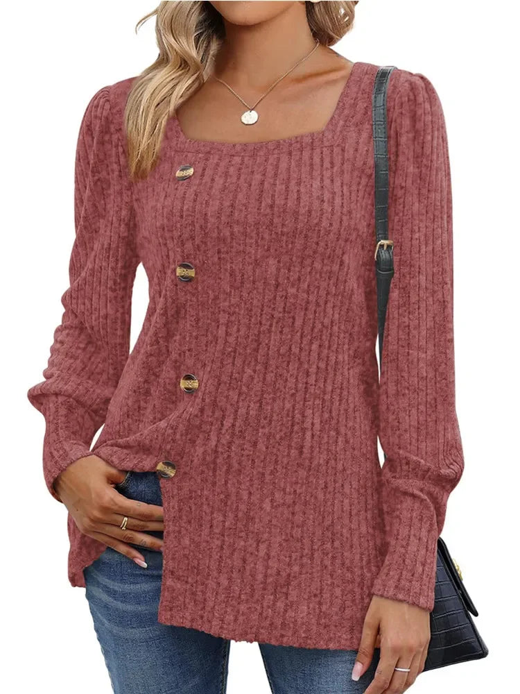 Sweaters- Women Long Sleeve Sweater Top with Button Detail- - IndioGear.com