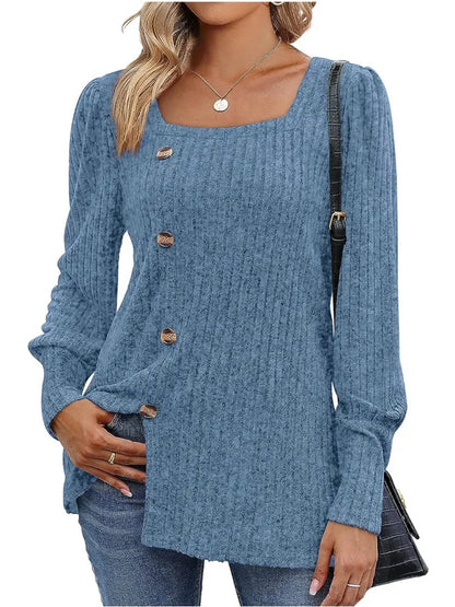 Sweaters- Women Long Sleeve Sweater Top with Button Detail- Sky Blue- IndioGear.com