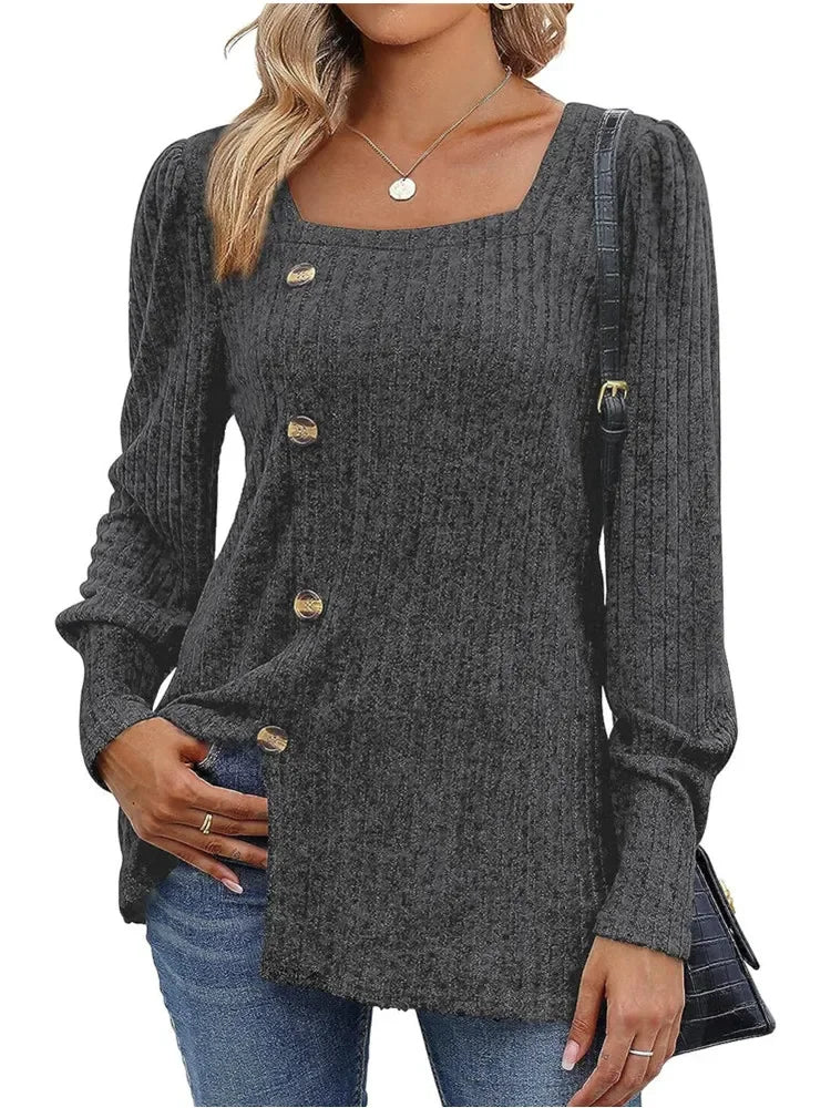 Sweaters- Women Long Sleeve Sweater Top with Button Detail- Dark Gray- IndioGear.com