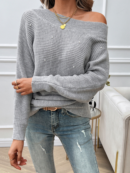 Sweaters- Women Off-the-Shoulder Sweater with Pearl Accents- - IndioGear.com