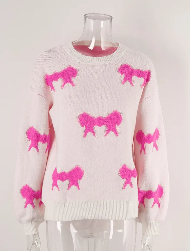 Sweaters- Women Playful Bow Pattern Crewneck Sweater- - IndioGear.com