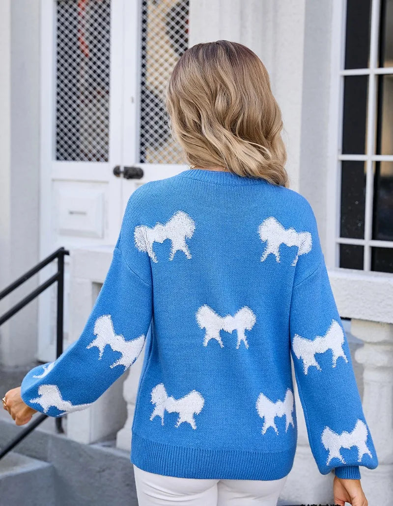 Sweaters- Women Playful Bow Pattern Crewneck Sweater- - IndioGear.com