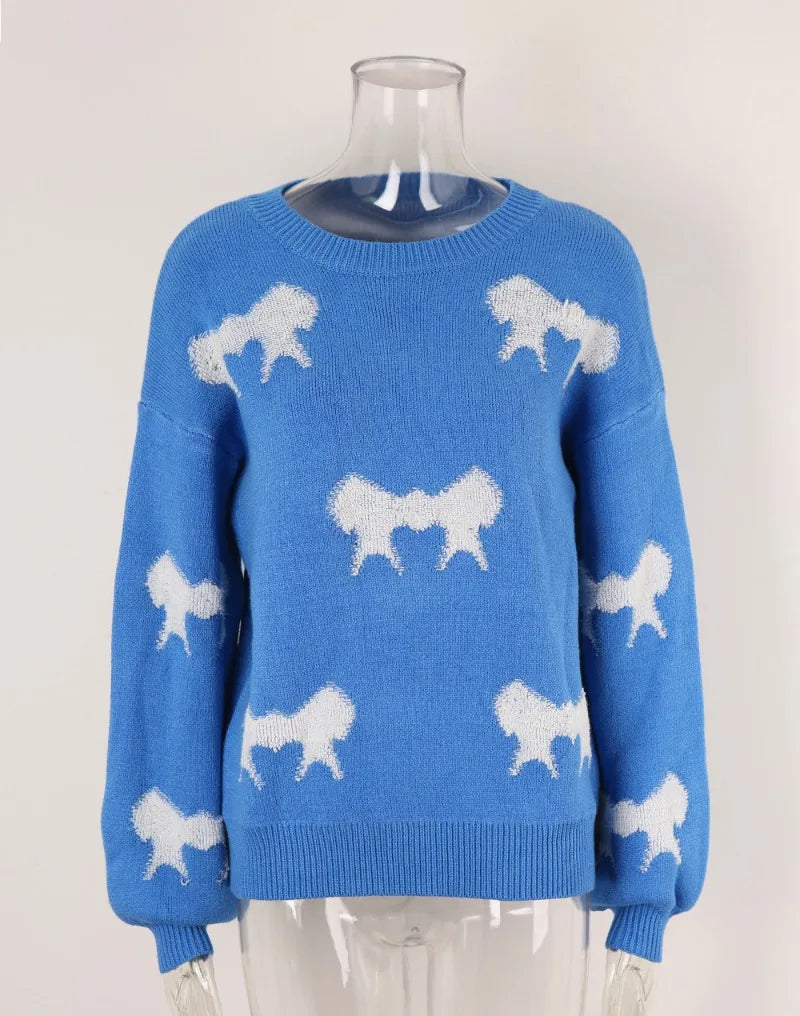 Sweaters- Women Playful Bow Pattern Crewneck Sweater- - IndioGear.com