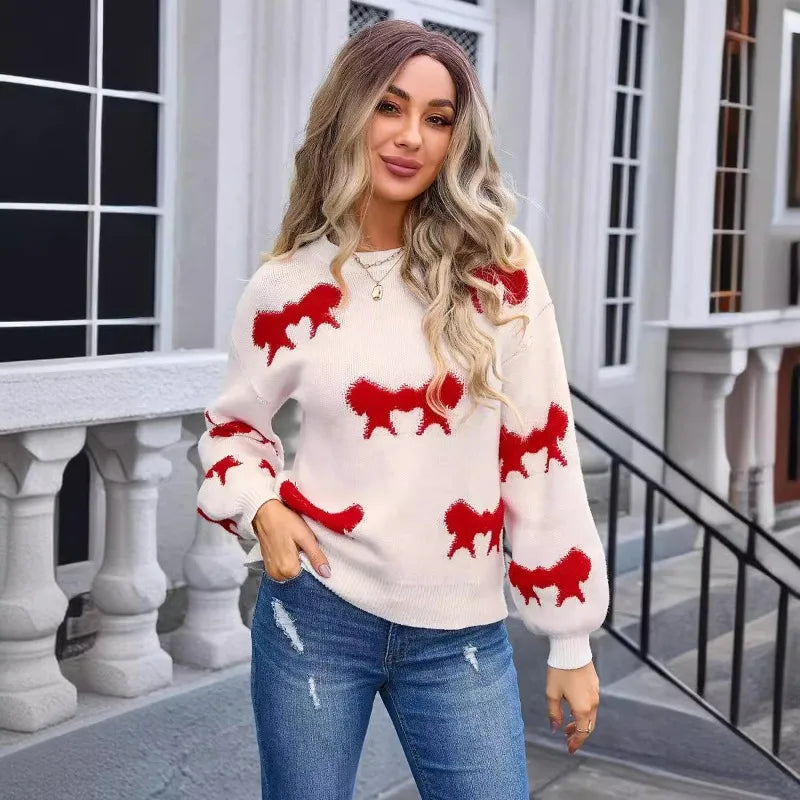 Sweaters- Women Playful Bow Pattern Crewneck Sweater- - IndioGear.com