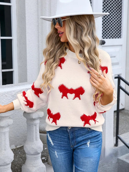 Sweaters- Women Playful Bow Pattern Crewneck Sweater- - IndioGear.com