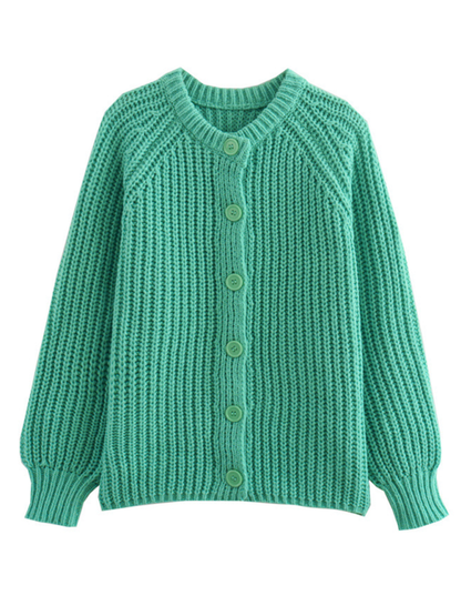 Sweaters- Women Red Ribbed Cardigan for Layering- Green- IndioGear.com