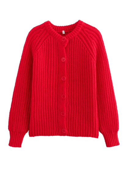 Sweaters- Women Red Ribbed Cardigan for Layering- Red- IndioGear.com