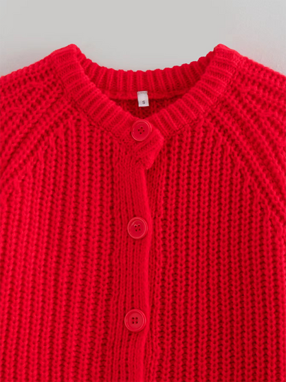 Sweaters- Women Red Ribbed Cardigan for Layering- - IndioGear.com