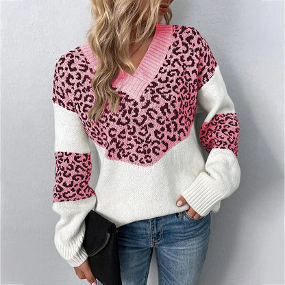 Sweaters- Women Trendy Color Block Leopard Knit Sweater- Pink- IndioGear.com