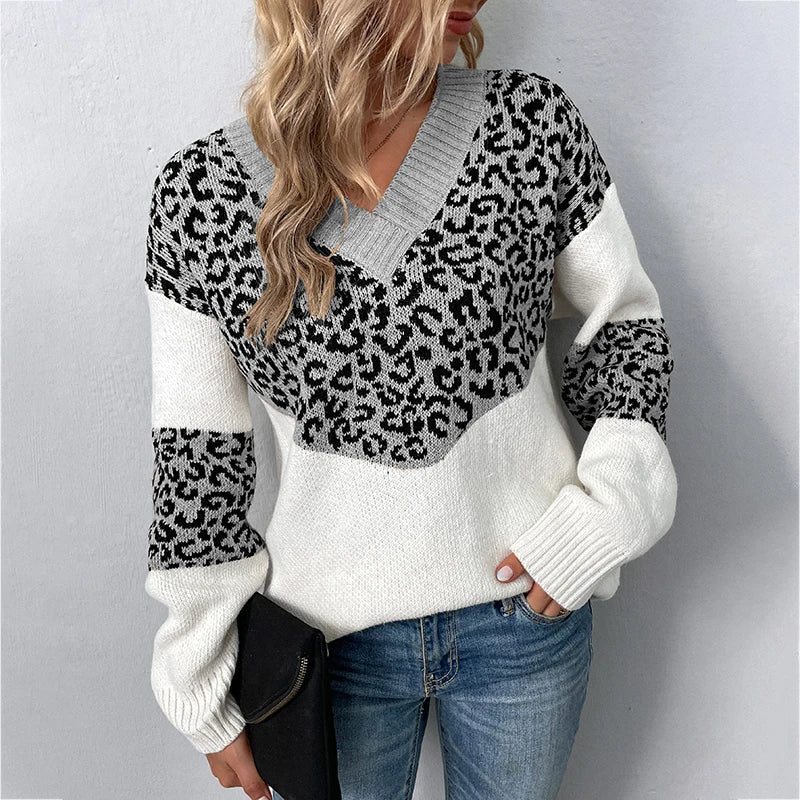 Sweaters- Women Trendy Color Block Leopard Knit Sweater- Gray- IndioGear.com