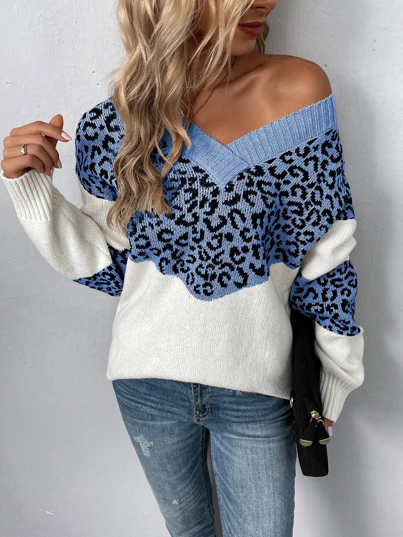 Sweaters- Women Trendy Color Block Leopard Knit Sweater- - IndioGear.com