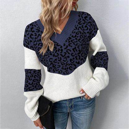 Sweaters- Women Trendy Color Block Leopard Knit Sweater- Navy Blue- IndioGear.com