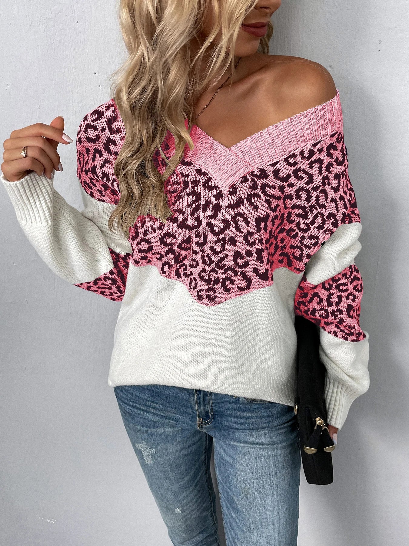 Sweaters- Women Trendy Color Block Leopard Knit Sweater- - IndioGear.com