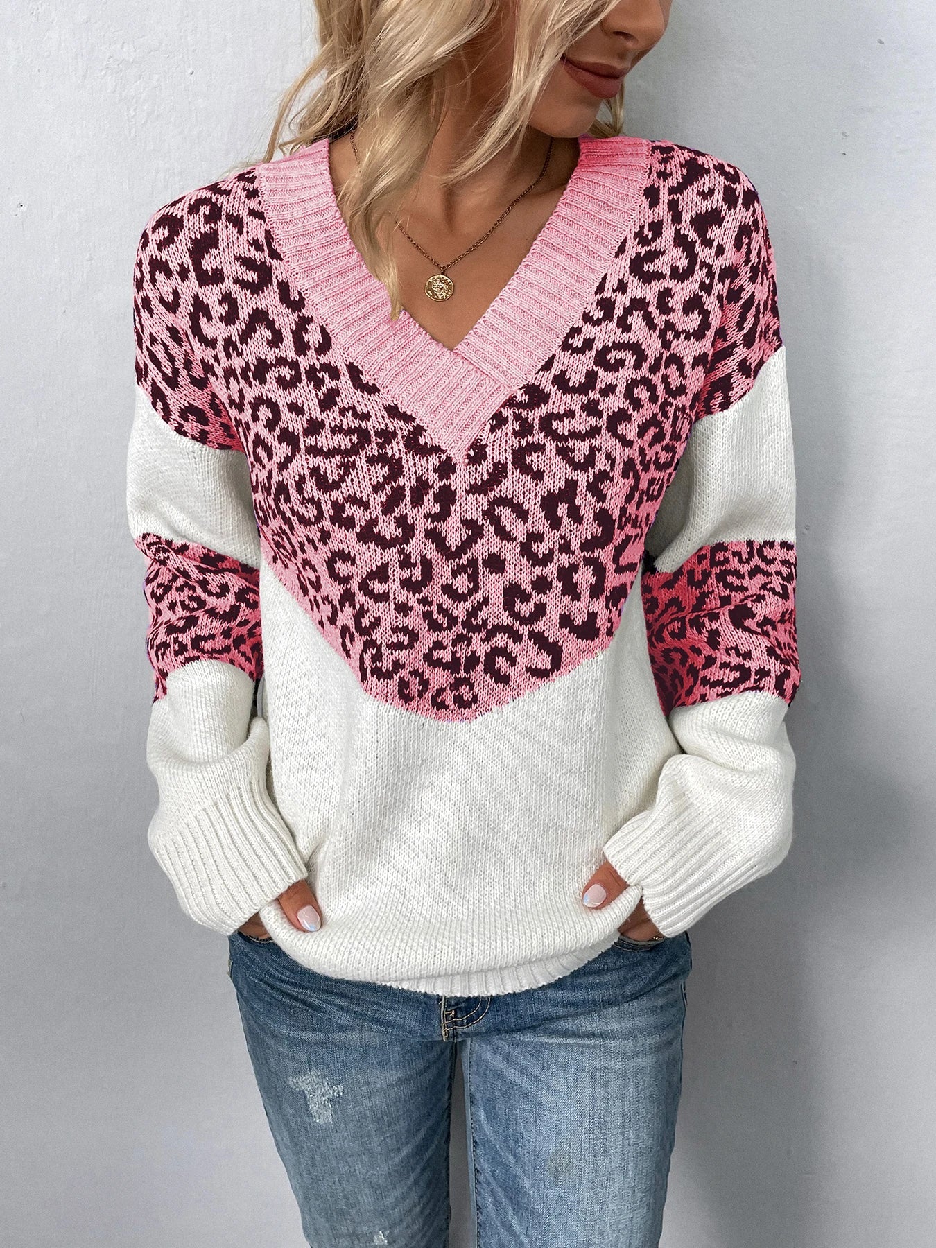 Sweaters- Women Trendy Color Block Leopard Knit Sweater- - IndioGear.com