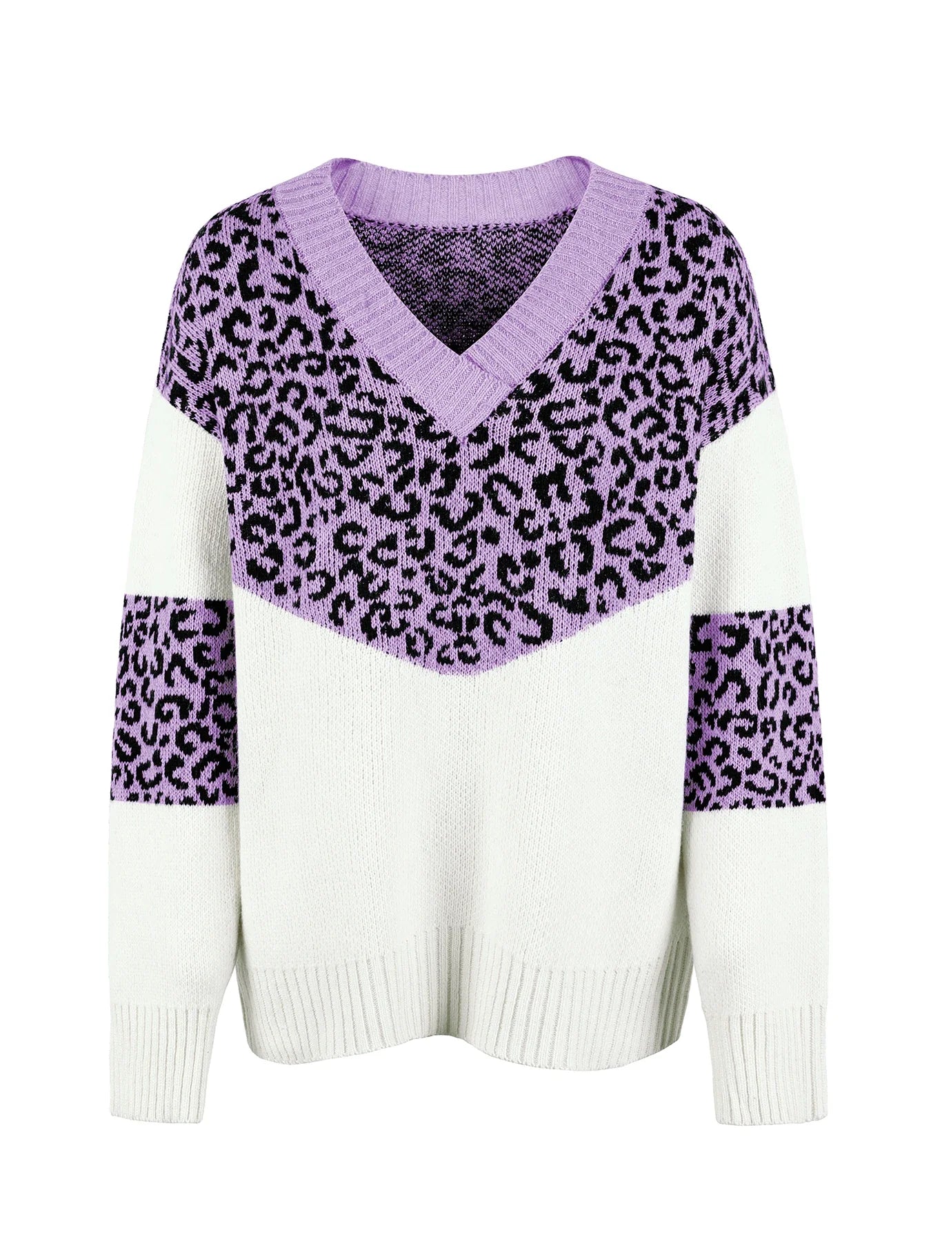 Sweaters- Women Trendy Color Block Leopard Knit Sweater- - IndioGear.com