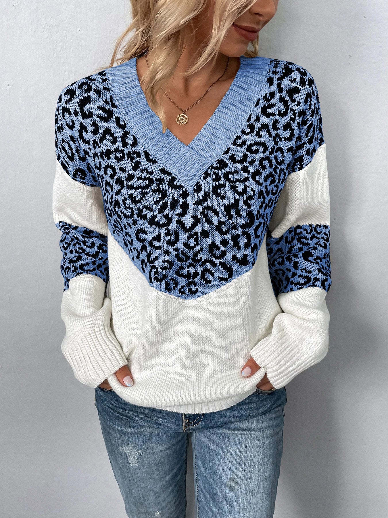 Sweaters- Women Trendy Color Block Leopard Knit Sweater- - IndioGear.com