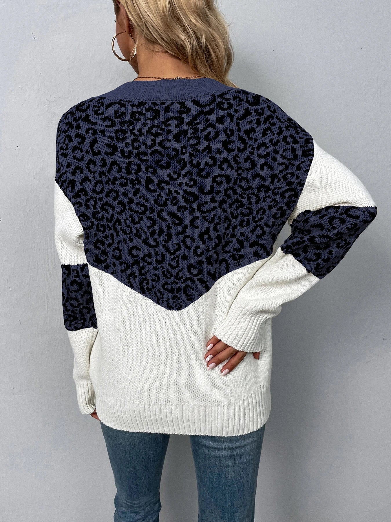 Sweaters- Women Trendy Color Block Leopard Knit Sweater- - IndioGear.com