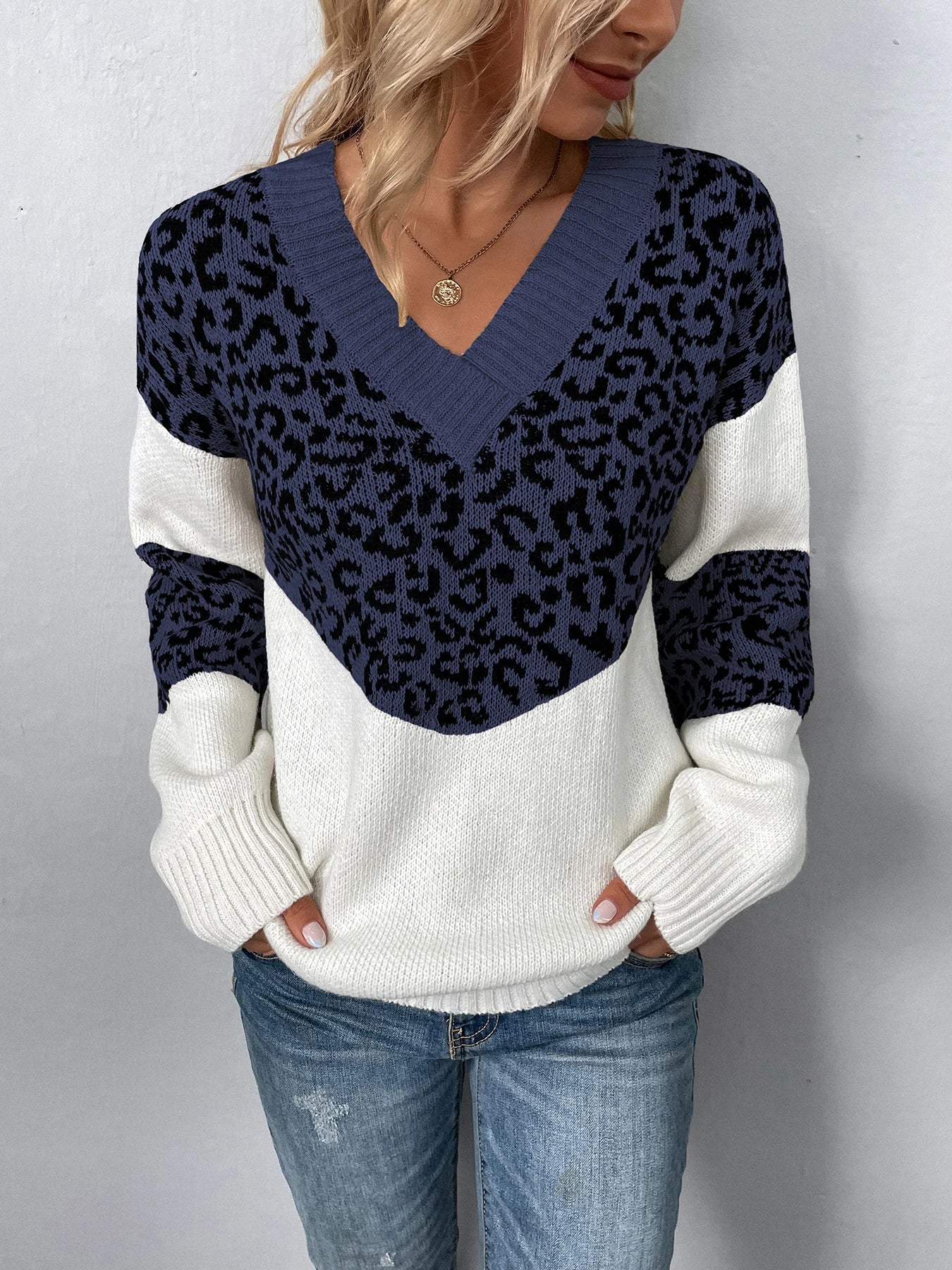 Sweaters- Women Trendy Color Block Leopard Knit Sweater- - IndioGear.com