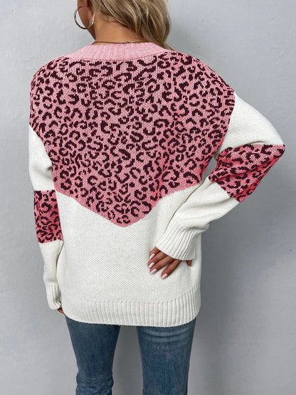 Sweaters- Women Trendy Color Block Leopard Knit Sweater- - IndioGear.com