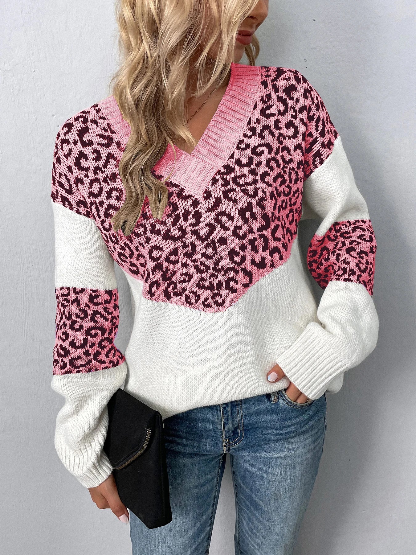 Sweaters- Women Trendy Color Block Leopard Knit Sweater- - IndioGear.com