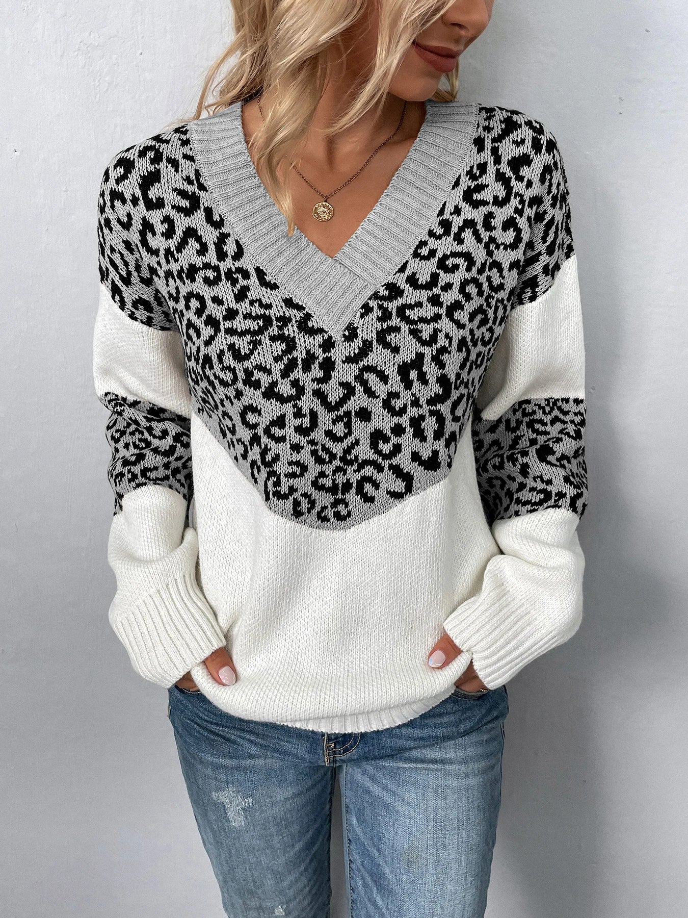 Sweaters- Women Trendy Color Block Leopard Knit Sweater- - IndioGear.com