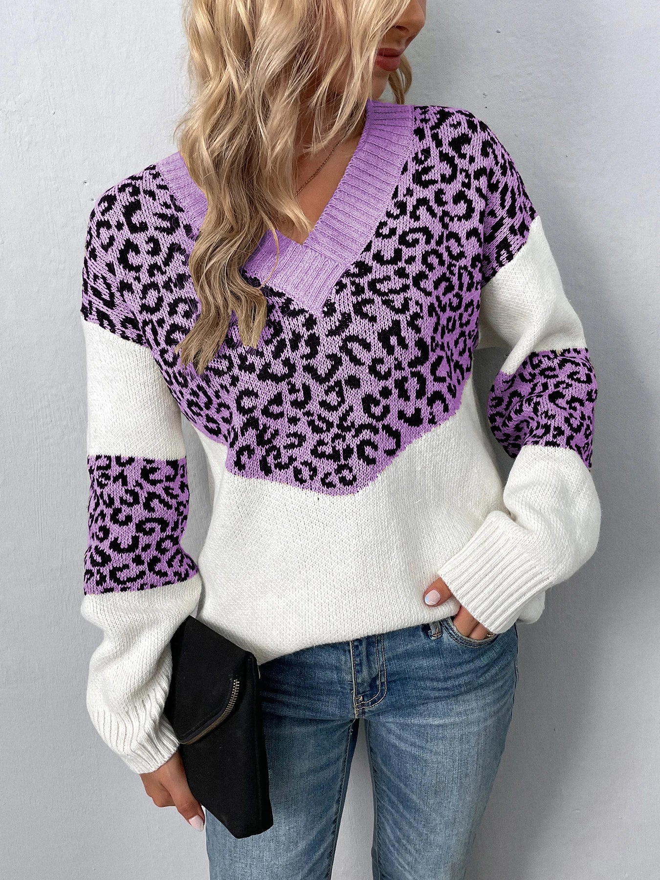 Sweaters- Women Trendy Color Block Leopard Knit Sweater- - IndioGear.com