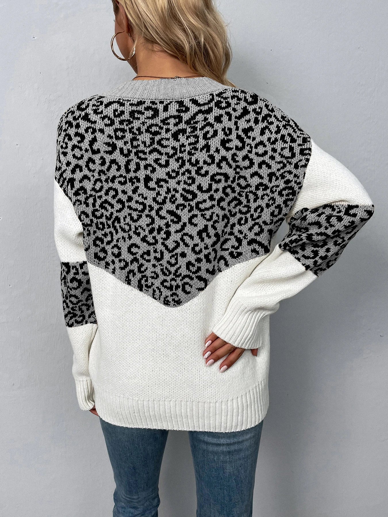 Sweaters- Women Trendy Color Block Leopard Knit Sweater- - IndioGear.com