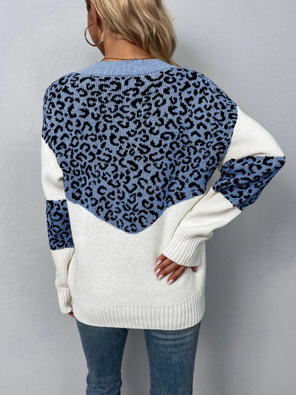 Sweaters- Women Trendy Color Block Leopard Knit Sweater- - IndioGear.com