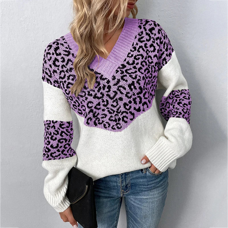 Sweaters- Women Trendy Color Block Leopard Knit Sweater- Purple- IndioGear.com