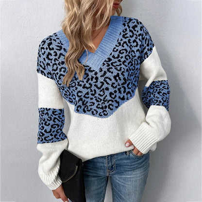 Sweaters- Women Trendy Color Block Leopard Knit Sweater- Blue- IndioGear.com