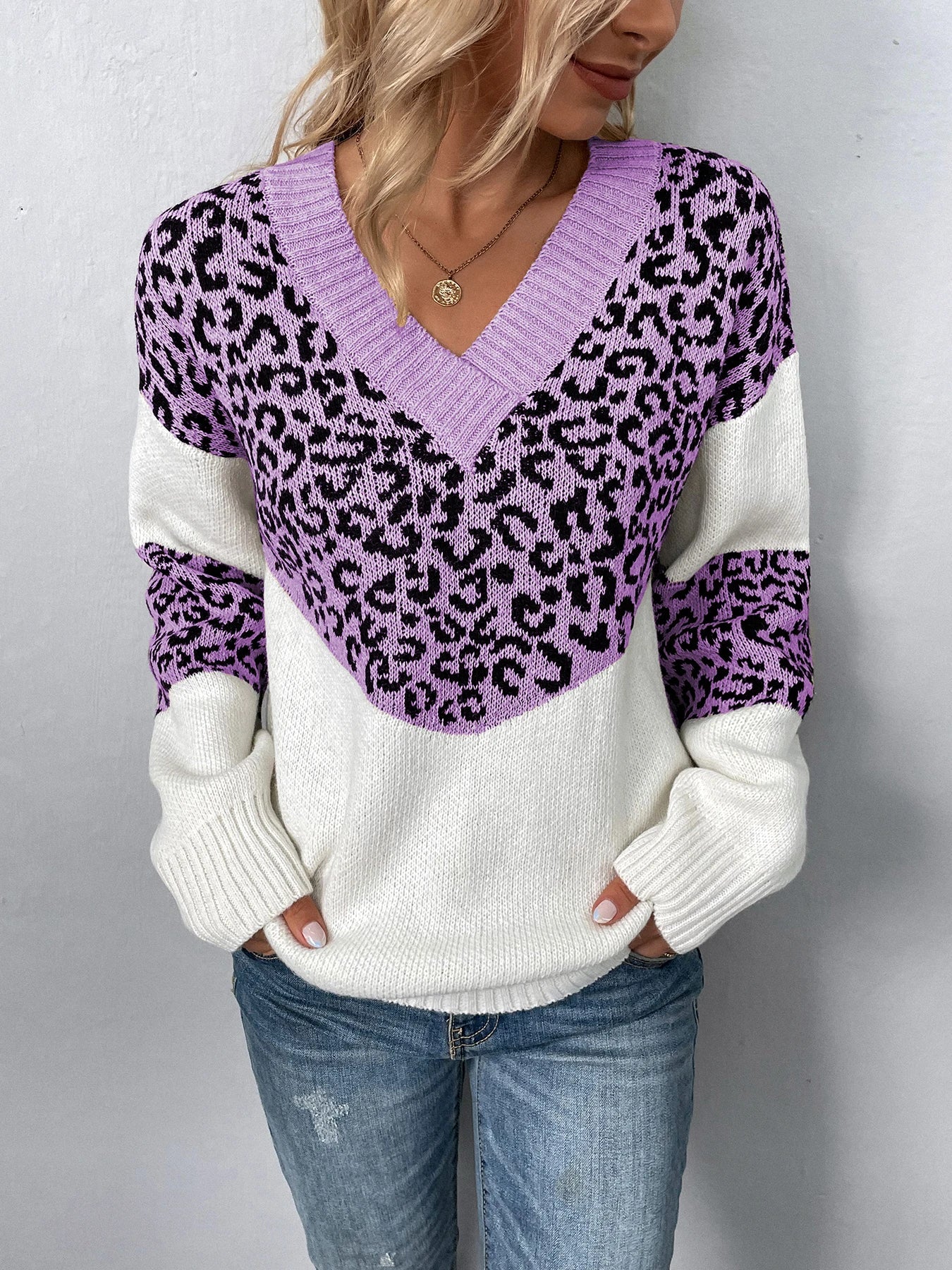 Sweaters- Women Trendy Color Block Leopard Knit Sweater- - IndioGear.com