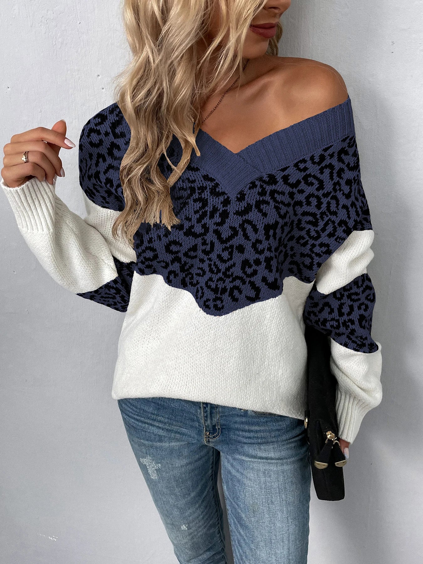 Sweaters- Women Trendy Color Block Leopard Knit Sweater- - IndioGear.com