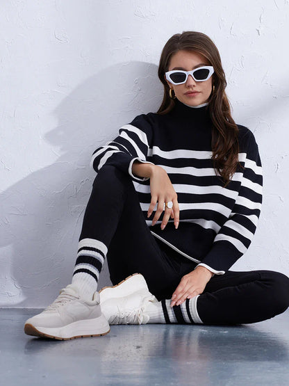 Sweaters- Women's Casual Striped Turtleneck Sweater- - IndioGear.com