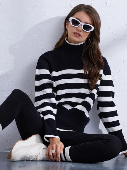 Sweaters- Women's Casual Striped Turtleneck Sweater- - IndioGear.com