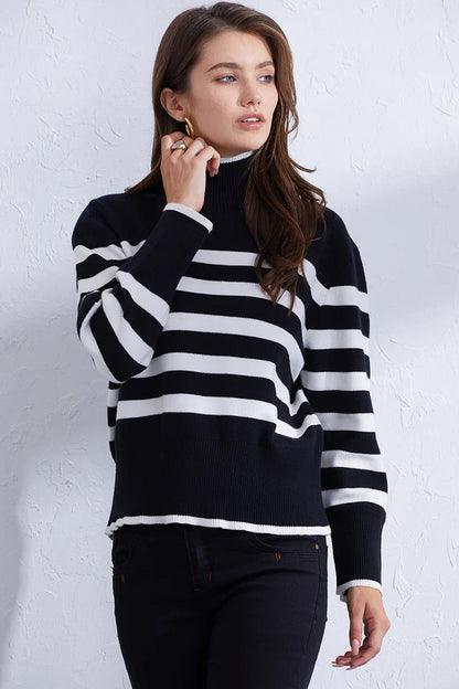 Sweaters- Women's Casual Striped Turtleneck Sweater- Black- IndioGear.com