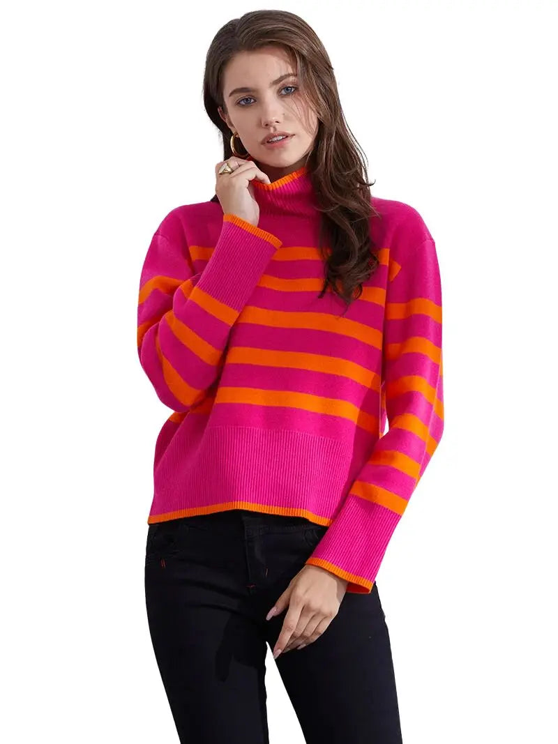 Sweaters- Women's Casual Striped Turtleneck Sweater- - IndioGear.com