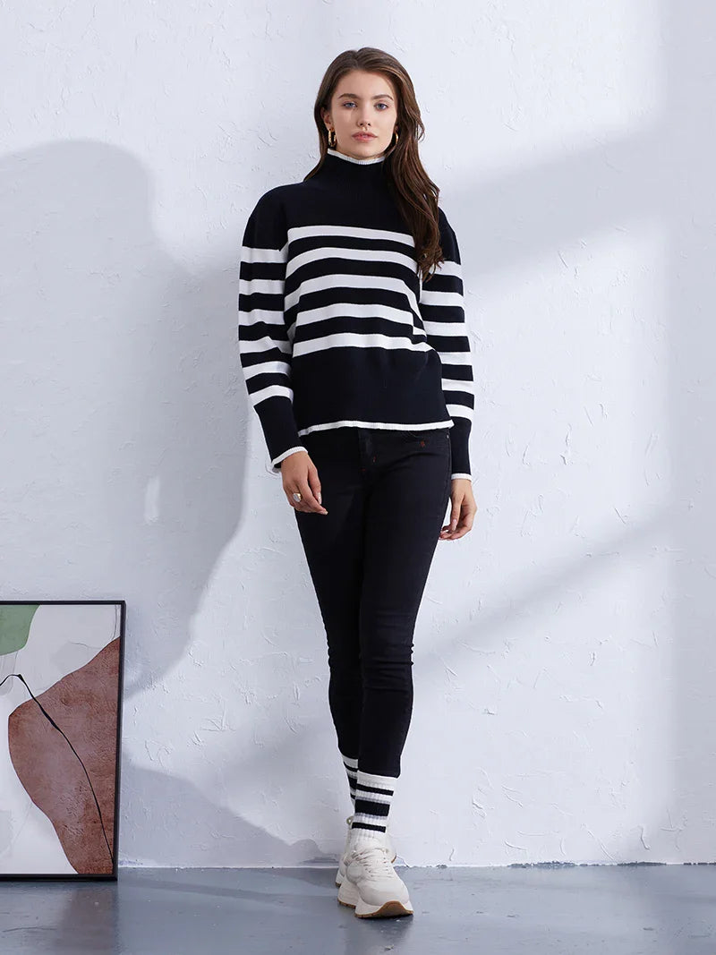 Sweaters- Women's Casual Striped Turtleneck Sweater- - IndioGear.com