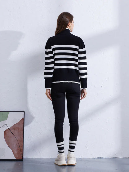 Sweaters- Women's Casual Striped Turtleneck Sweater- - IndioGear.com